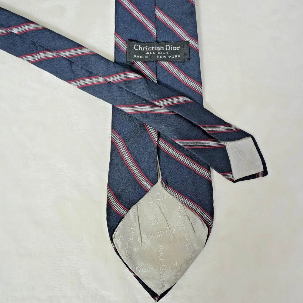 Christian Dior Men's Navy Blue Striped All Silk Neck Tie 57